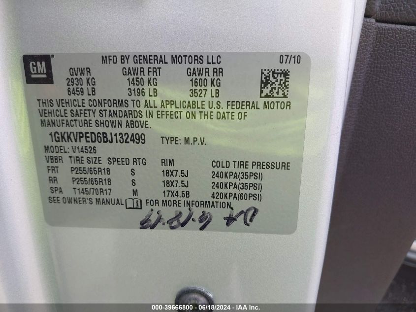 2011 GMC Acadia Sle VIN: 1GKKVPED6BJ132499 Lot: 39666800