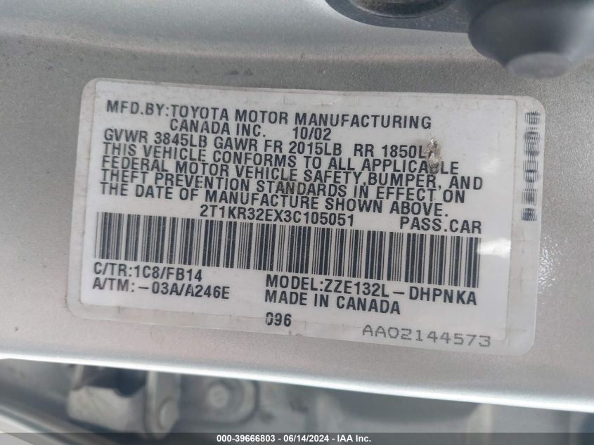 2003 Toyota Matrix Xr VIN: 2T1KR32EX3C105051 Lot: 39666803