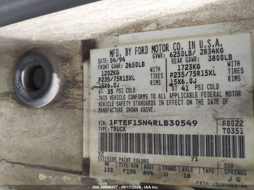 1994 Ford F150 VIN: 1FTEF15N4RLB30549 Lot: 39666807