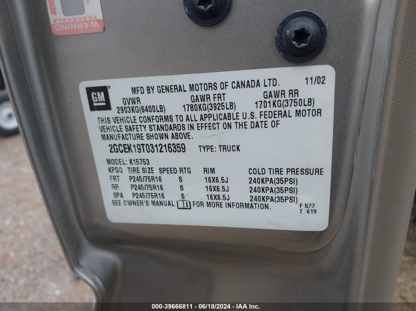 2003 Chevrolet Silverado 1500 Ls VIN: 2GCEK19T031216359 Lot: 39666811