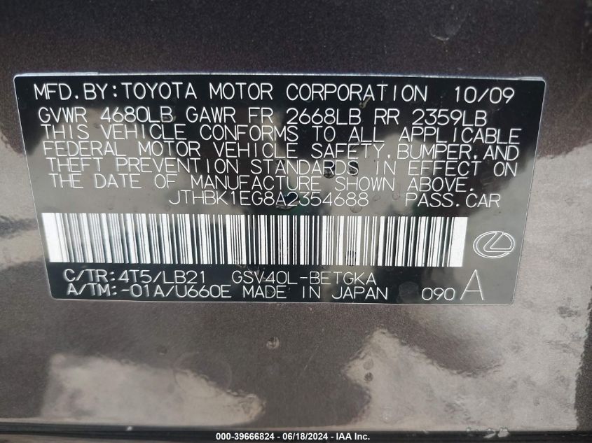 2010 Lexus Es 350 VIN: JTHBK1EG8A2354688 Lot: 39666824