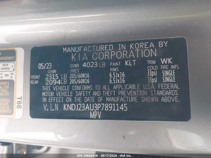 2023 Kia Soul Lx VIN: KNDJ23AU2P7887684 Lot: 39666826