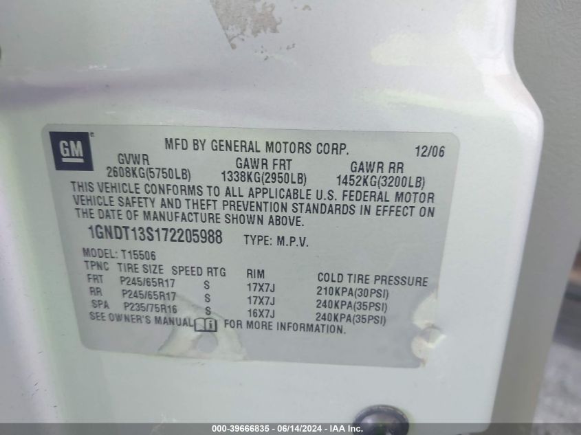 2007 Chevrolet Trailblazer Ls VIN: 1GNDT13S172205988 Lot: 39666835