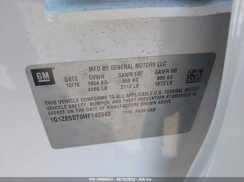 2017 Chevrolet Malibu 1Lt VIN: 1G1ZE5ST9HF149943 Lot: 39666843