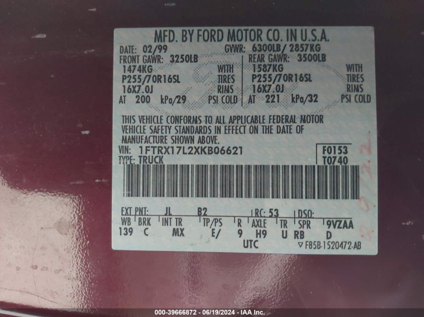 1999 Ford F150 VIN: 1FTRX17L2XKB06621 Lot: 39666872