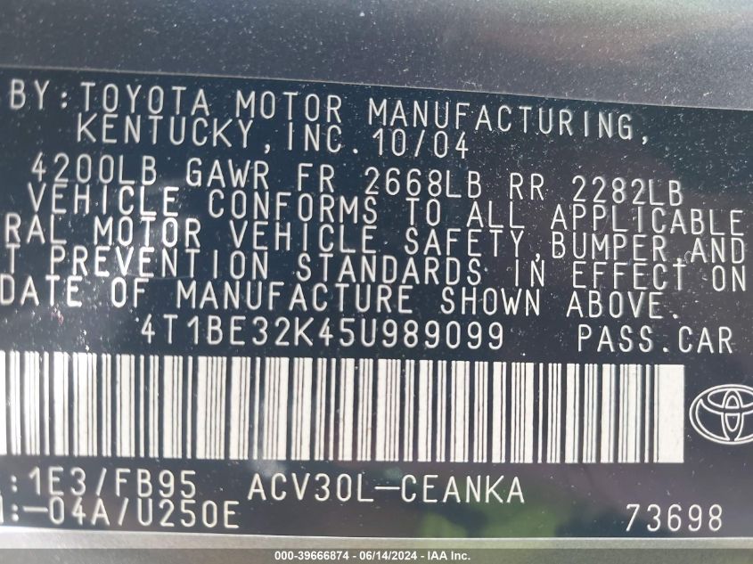 2005 Toyota Camry Le VIN: 4T1BE32K45U989099 Lot: 39666874