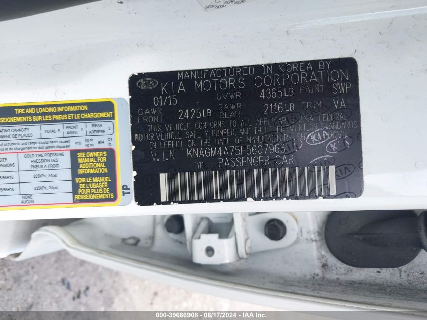 2015 Kia Optima Lx VIN: KNAGM4A75F5607963 Lot: 39666908