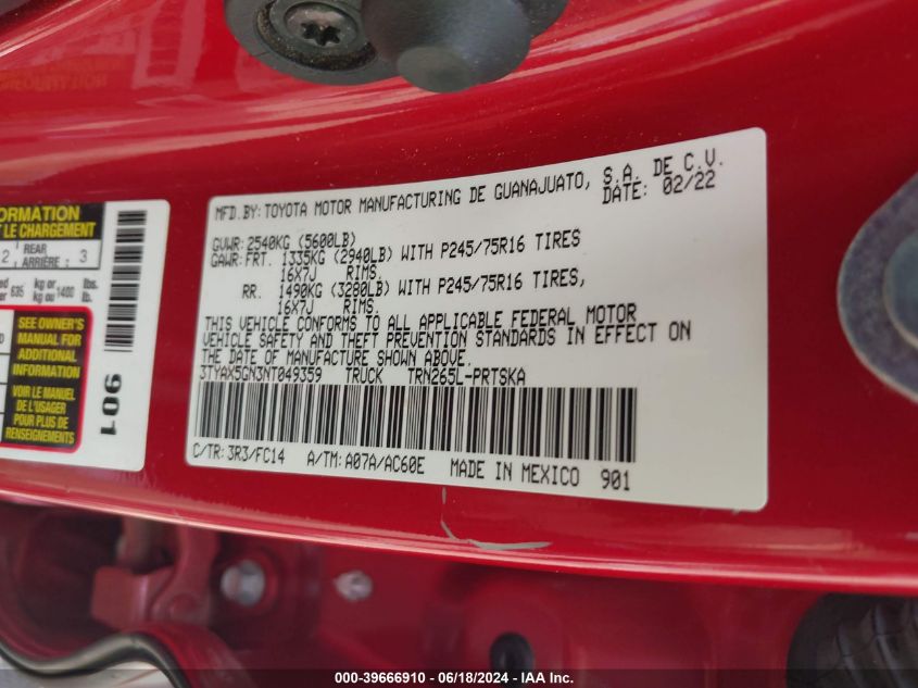 2022 Toyota Tacoma Sr5 VIN: 3TYAX5GN3NT049359 Lot: 39666910