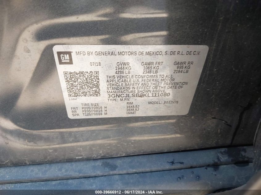 2019 Chevrolet Trax Lt VIN: 3GNCJLSB8KL111080 Lot: 39666912