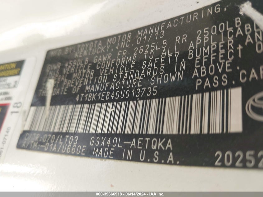 4T1BK1EB4DU013735 2013 Toyota Avalon Xle Touring