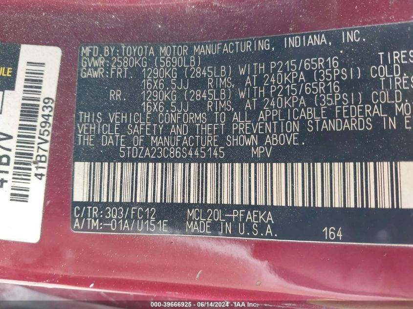 2006 Toyota Sienna Le VIN: 5TDZA23C86S445145 Lot: 39666925