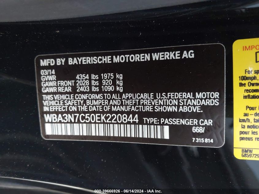 2014 BMW 428I VIN: WBA3N7C50EK220844 Lot: 39666926