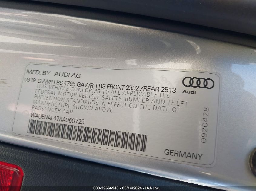 2019 Audi A4 45 Premium VIN: WAUENAF47KA060729 Lot: 39666948