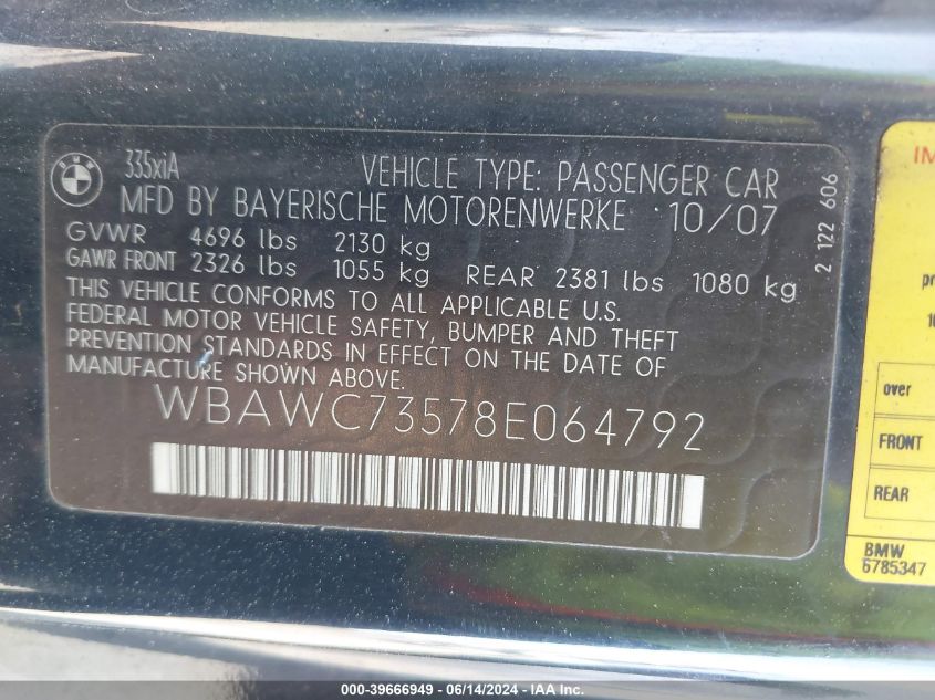 2008 BMW 335Xi VIN: WBAWC73578E064792 Lot: 39666949