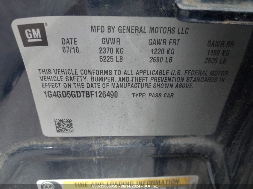 2011 Buick Lacrosse Cxl VIN: 1G4GD5GD7BF126490 Lot: 39666950