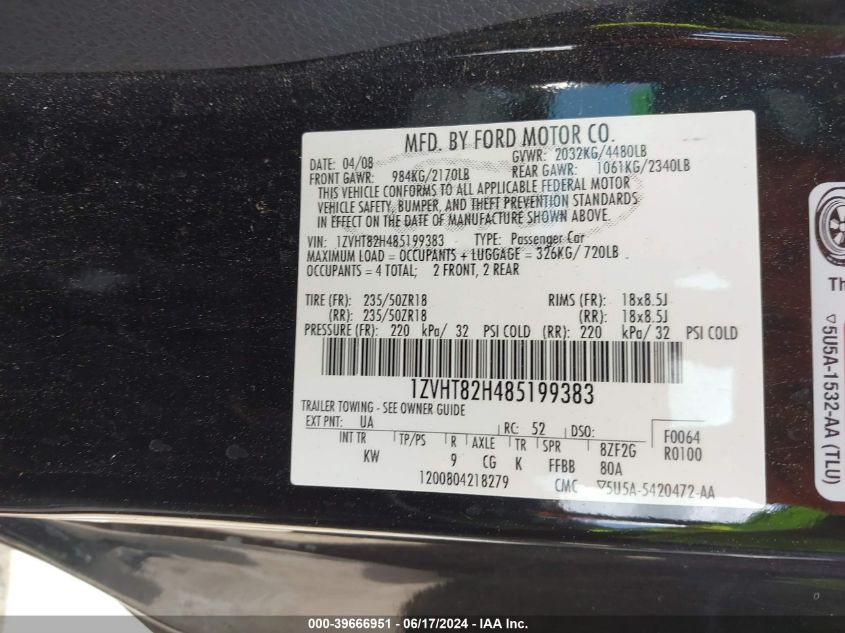 2008 Ford Mustang Gt Deluxe/Gt Premium VIN: 1ZVHT82H485199383 Lot: 39666951