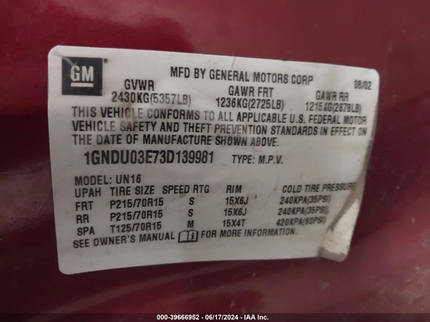 2003 Chevrolet Venture VIN: 1GNDU03E73D139981 Lot: 39666952