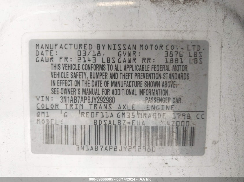 2018 Nissan Sentra S VIN: 3N1AB7AP8JY292980 Lot: 39666985