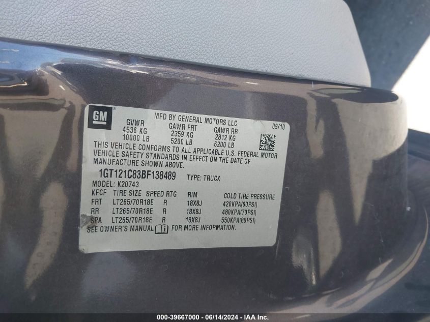 2011 GMC Sierra 2500Hd Slt VIN: 1GT121C83BF138489 Lot: 39667000