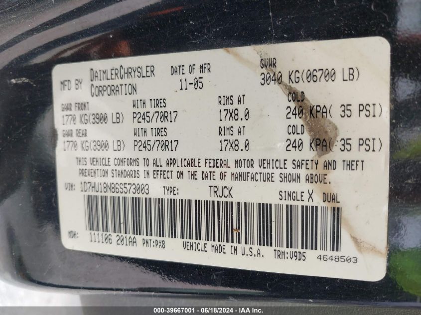 2006 Dodge Ram 1500 Slt/Trx4 Off Road/Sport VIN: 1D7HU18N86S573003 Lot: 39667001