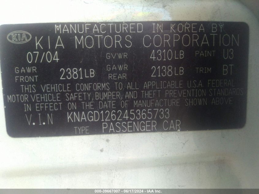 2004 Kia Optima Ex/Lx VIN: KNAGD126245365733 Lot: 39667007