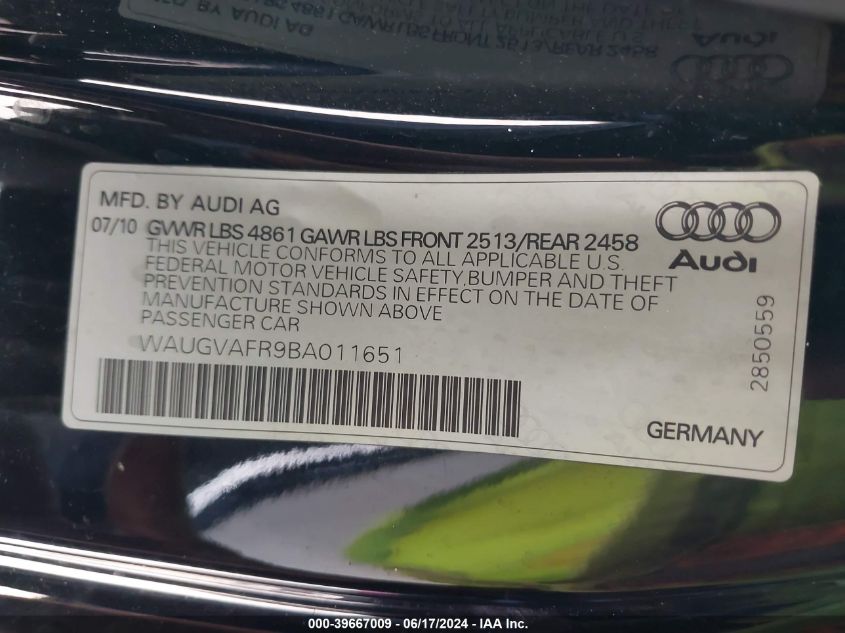 2011 Audi S5 4.2 Premium Plus VIN: WAUGVAFR9BA011651 Lot: 39667009