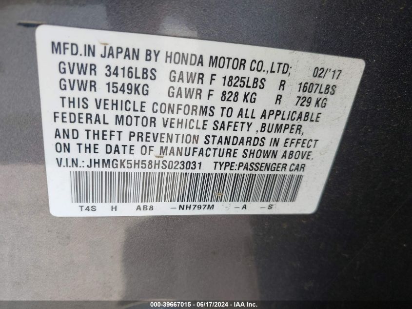 2017 Honda Fit Lx VIN: JHMGK5H58HS023031 Lot: 39667015