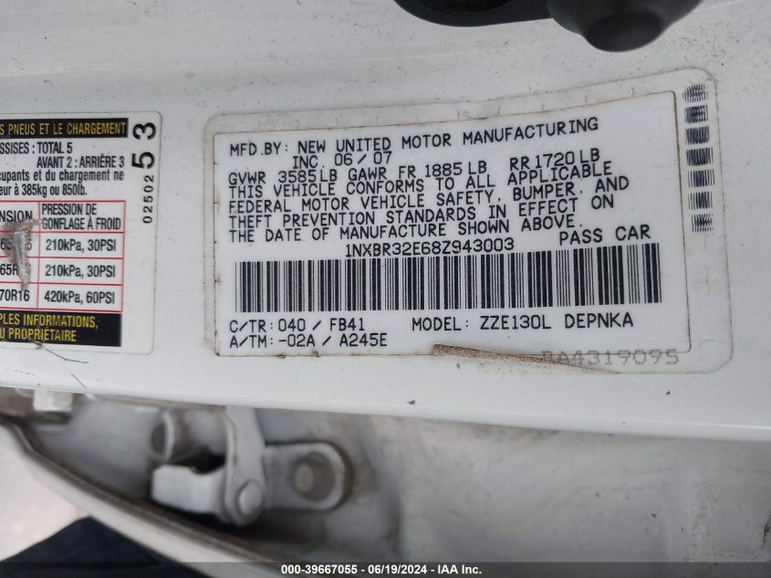 2008 Toyota Corolla Ce/Le/S VIN: 1NXBR32E68Z943003 Lot: 39667055