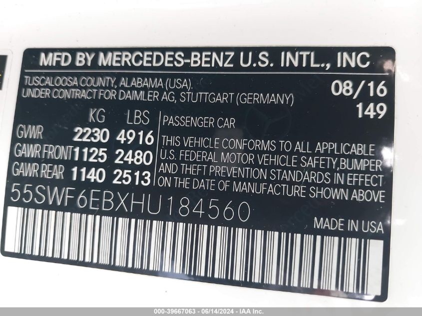 2017 Mercedes-Benz Amg C 43 4Matic VIN: 55SWF6EBXHU184560 Lot: 39667063