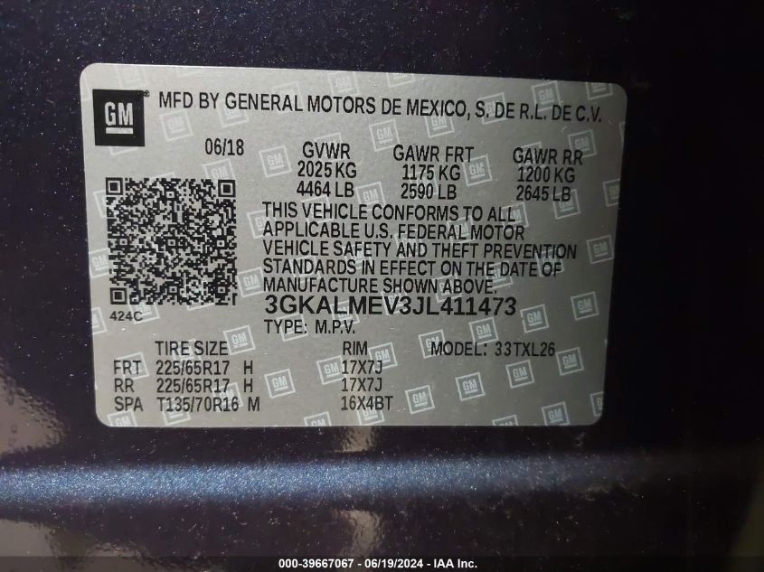 2018 GMC Terrain Sle VIN: 3GKALMEV3JL411473 Lot: 39667067