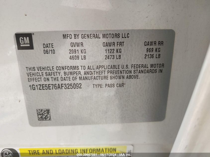 2010 Chevrolet Malibu Ltz VIN: 1G1ZE5E76AF325092 Lot: 39667081