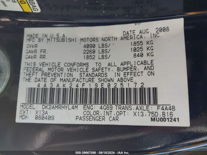 2009 Mitsubishi Eclipse Gs VIN: 4A3AK24F19E025172 Lot: 39667086