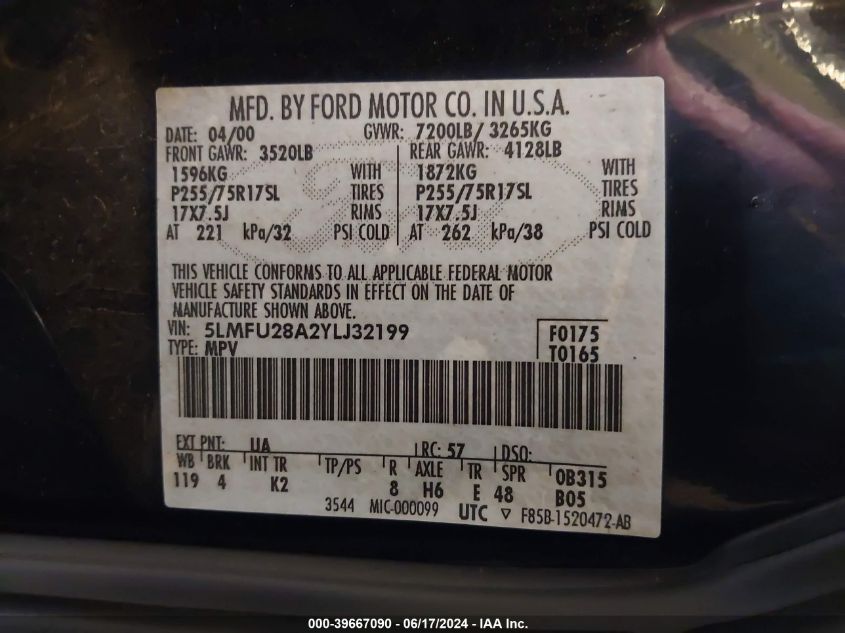 2000 Lincoln Navigator VIN: 5LMFU28A2YLJ32199 Lot: 39667090