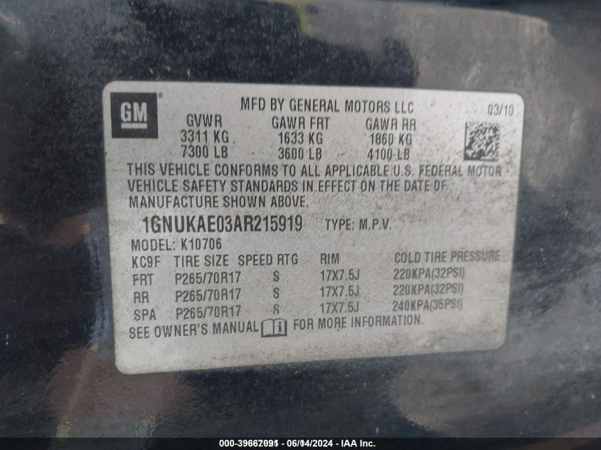 2010 Chevrolet Tahoe Special Services VIN: 1GNUKAE03AR215919 Lot: 39667091