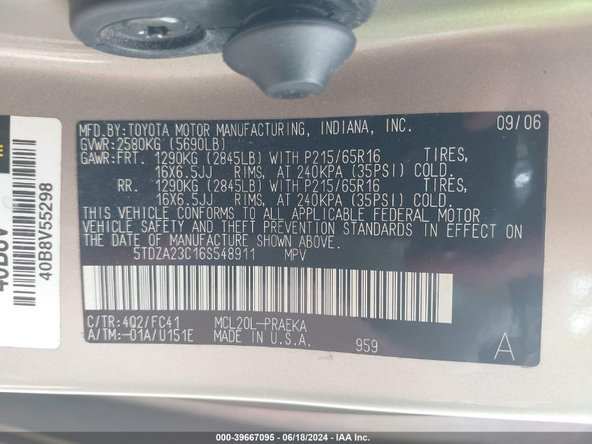 2006 Toyota Sienna Le VIN: 5TDZA23C16S548911 Lot: 39667095