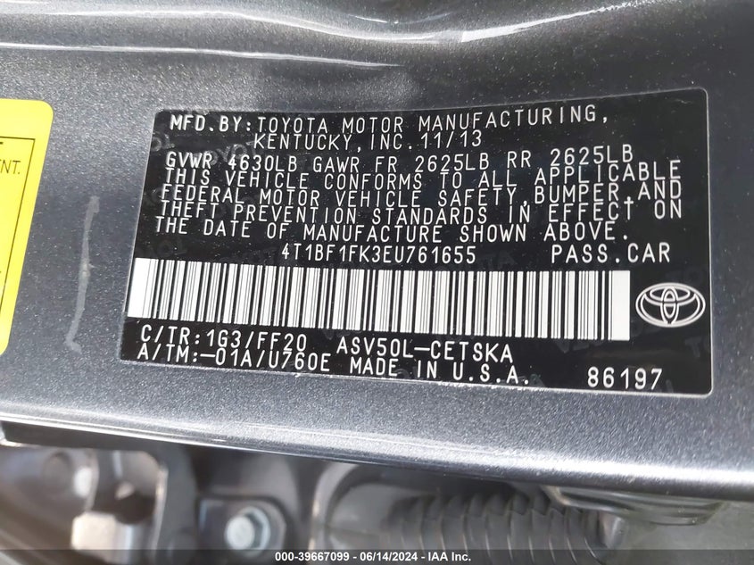 2014 Toyota Camry Se VIN: 4T1BF1FK3EU761655 Lot: 39667099