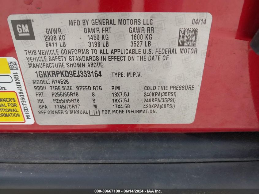 2014 GMC Acadia Sle-2 VIN: 1GKKRPKD9EJ333164 Lot: 39667100
