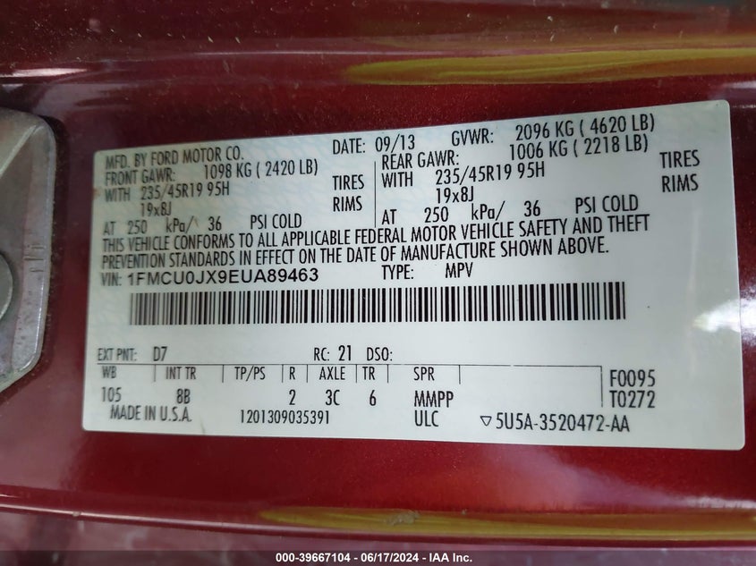 2014 Ford Escape Titanium VIN: 1FMCU0JX9EUA89463 Lot: 39667104