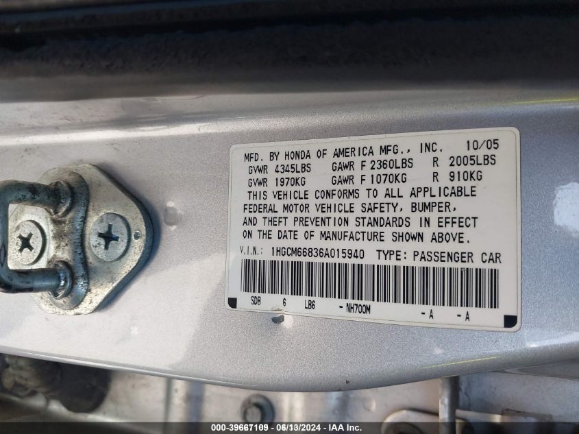 2006 Honda Accord 3.0 Ex VIN: 1HGCM66836A015940 Lot: 39667109