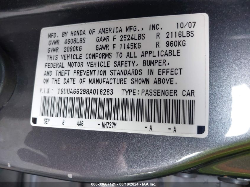 2008 Acura Tl 3.2 VIN: 19UUA66298A016263 Lot: 39667121