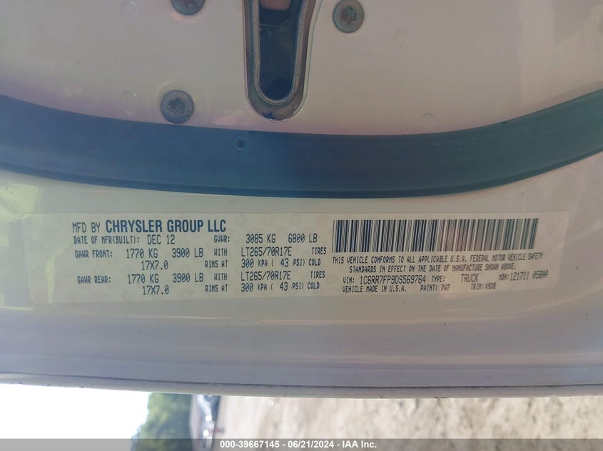 2013 Ram 1500 St VIN: 1C6RR7FP9DS569764 Lot: 39667145