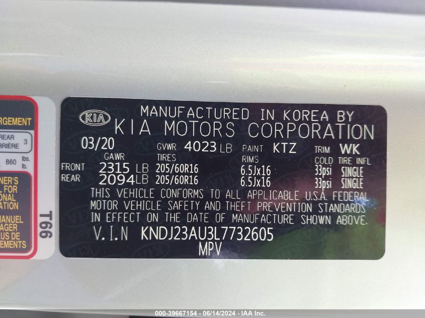 2020 Kia Soul S VIN: KNDJ23AU3L7732605 Lot: 39667154