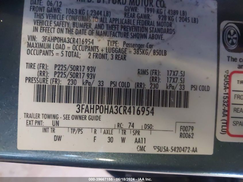 2012 Ford Fusion Se VIN: 3FAHP0HA3CR416954 Lot: 39667155