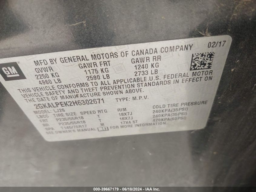 2017 GMC Terrain Slt VIN: 2GKALPEK2H6302671 Lot: 39667179