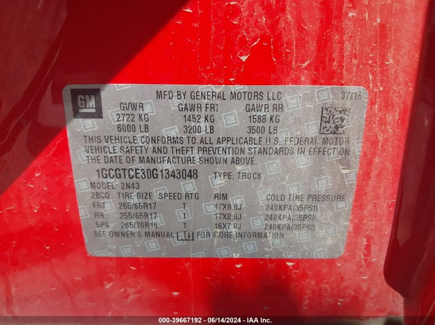 2016 Chevrolet Colorado Lt VIN: 1GCGTCE30G1343048 Lot: 39667192