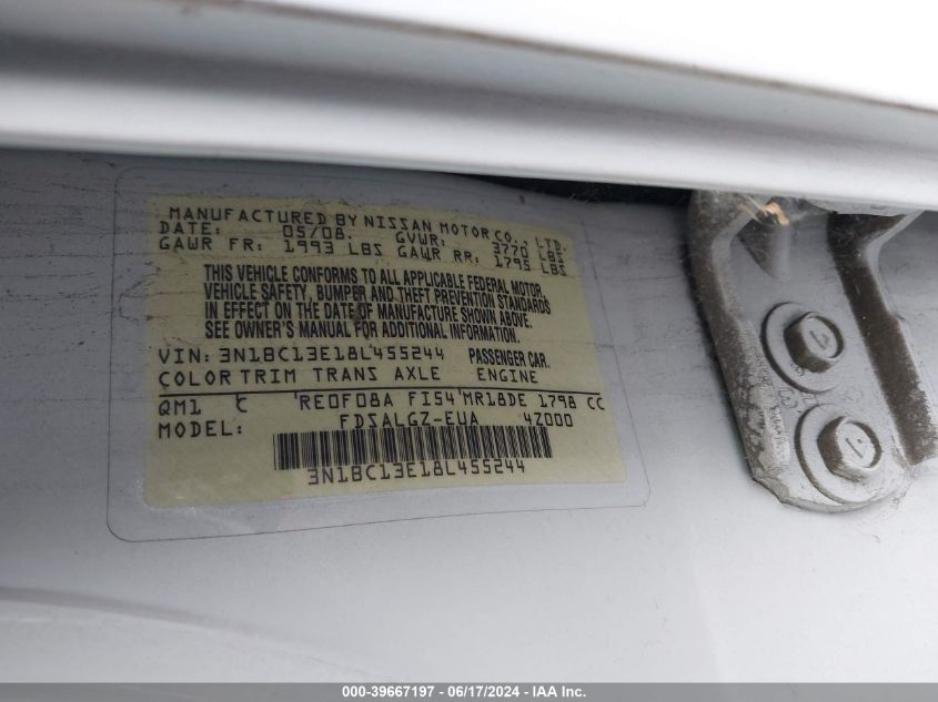 2008 Nissan Versa 1.8Sl VIN: 3N1BC13E18L455244 Lot: 39667197