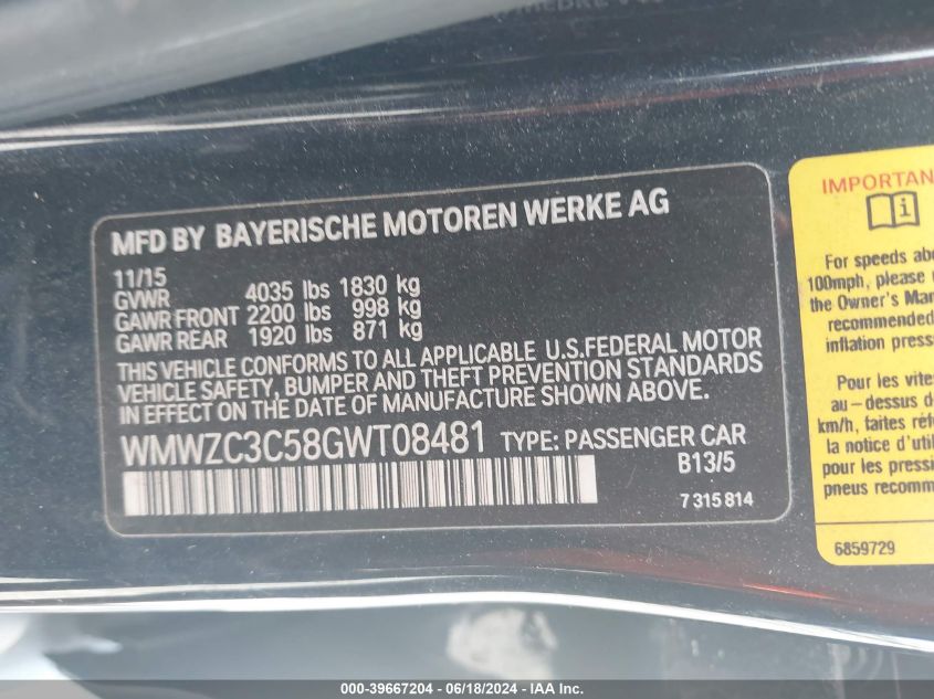 2016 Mini Countryman Cooper S VIN: WMWZC3C58GWT08481 Lot: 39667204