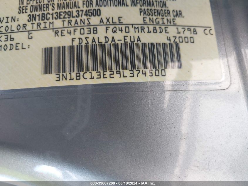 2009 Nissan Versa 1.8S VIN: 3N1BC13E29L374500 Lot: 39667208