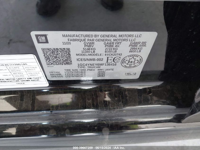 2021 Chevrolet Silverado 2500Hd 4Wd Long Bed Lt/4Wd Standard Bed Lt VIN: 1GC4YNEY6MF136416 Lot: 39667259