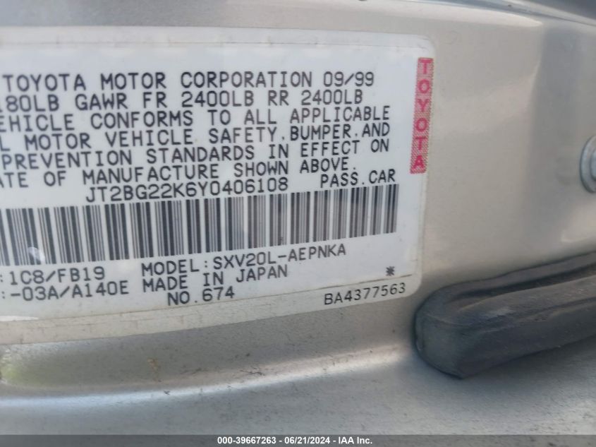 2000 Toyota Camry Ce/Le/Xle VIN: JT2BG22K6Y0406108 Lot: 39667263